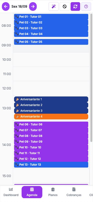 Agenda do sistema com horários e atendimentos; nomes anonimizados